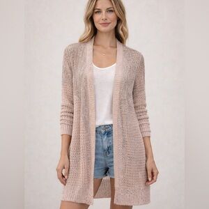 Long line dusty rose loose-knit shimmer cardigan/duster chunky knit